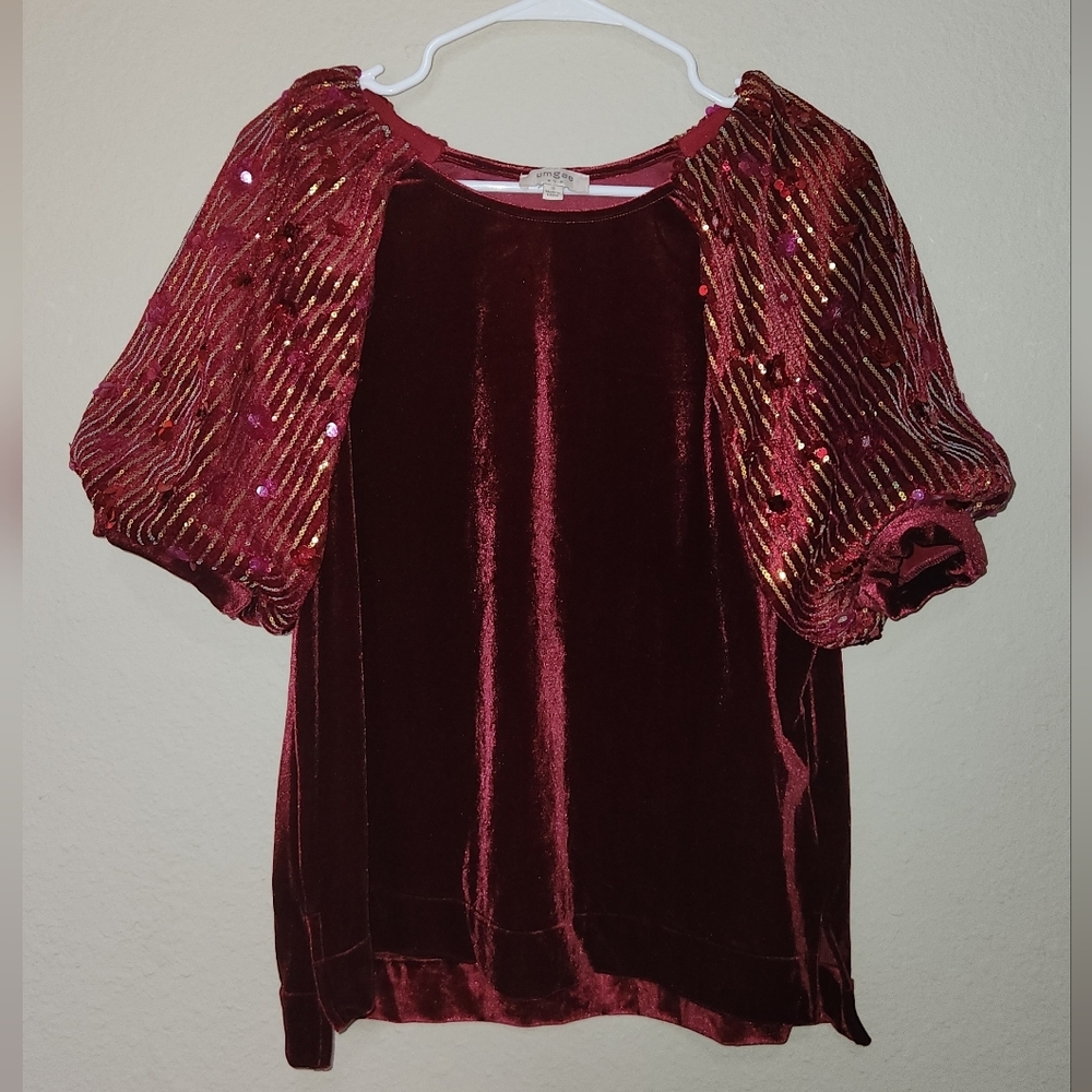 Umgee Velvet Top With Sequin Puff Sleeves Size Small